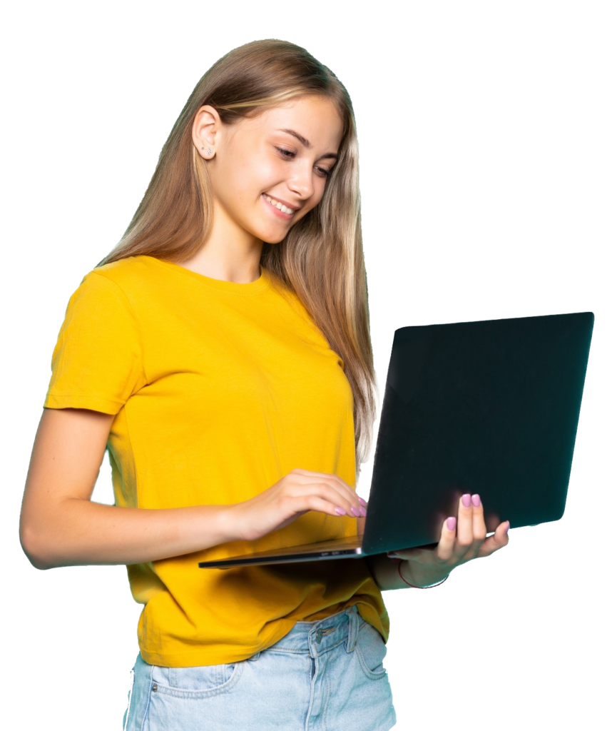 A girl is standing with a laptop